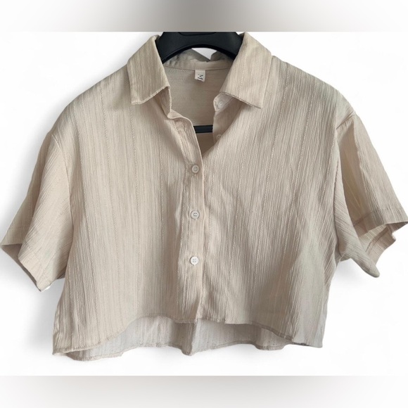 Mint Womens Cropped Collar Button Up Tan Textured Top Casual Cabana Preppy Small - Picture 1 of 10